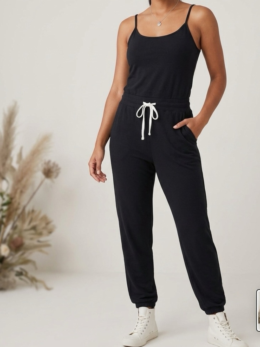 Monrow Black Super soft Cami Sleeveless Drawstring Sweatpant Jumpsuit Size small